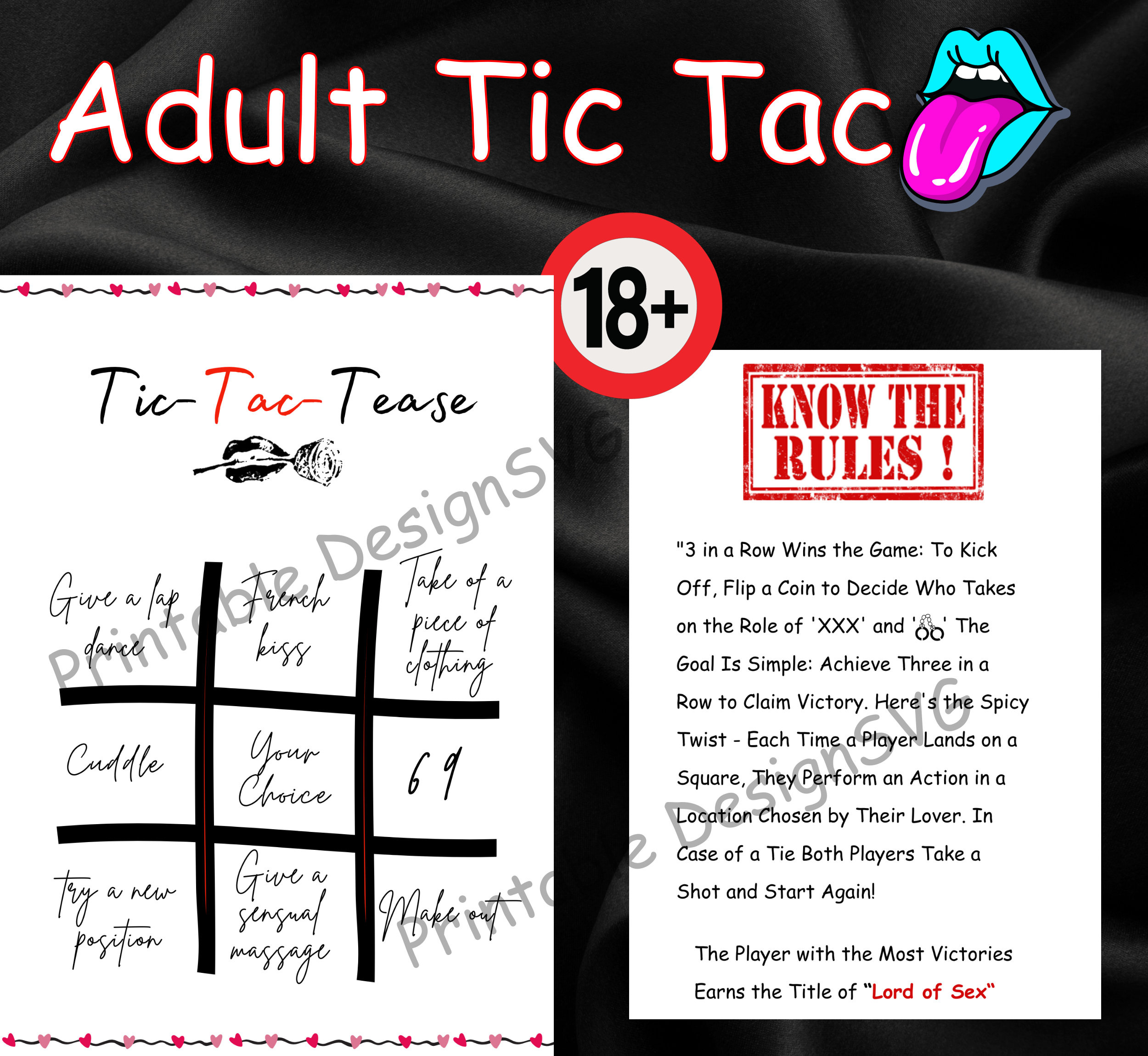 Adult Tic Tac Toe For Couple, Kinky Game, Printable Card Games, Valentines Gift For Him, Birthday Gift For Him, Couples Valentines Gift with Adult Tic Tac Dirty Labels Free Printable