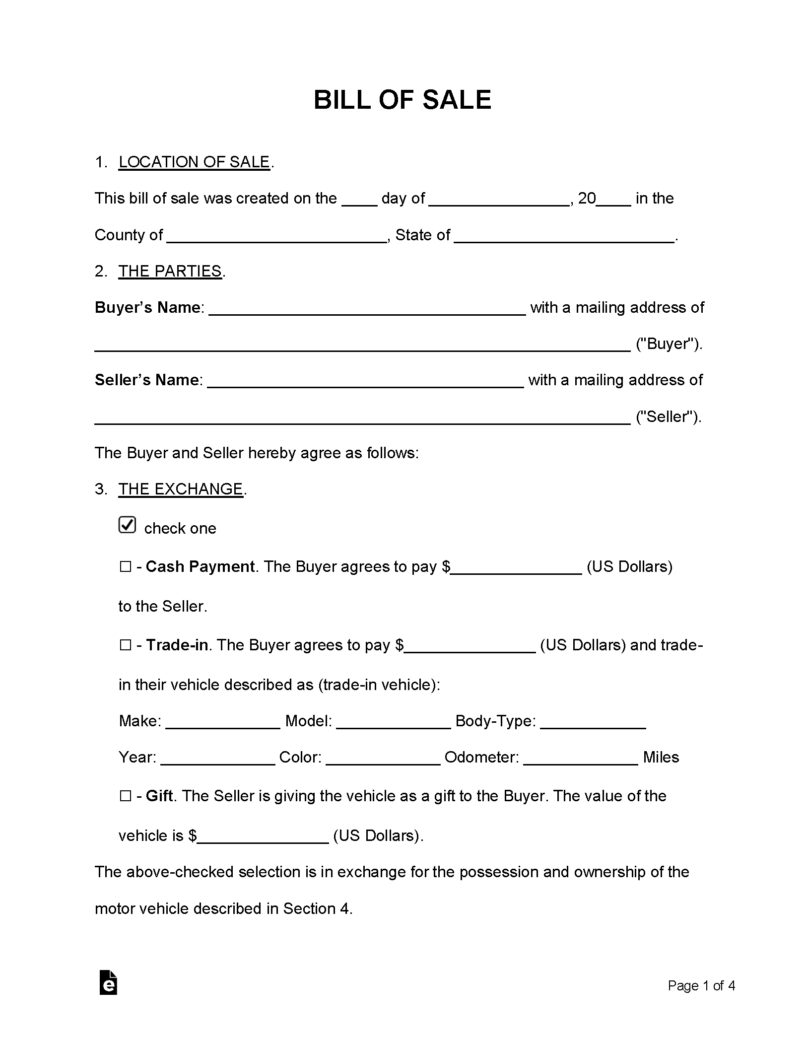 Free Bill Of Sale Forms (24) - Pdf | Word – Eforms intended for Free Bill Of Sale Printable