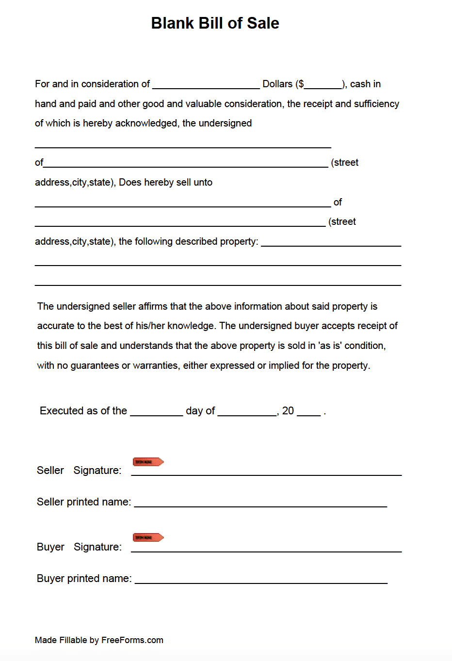 Free Blank Bill Of Sale Form | Pdf in Free Printable Bill of Sale