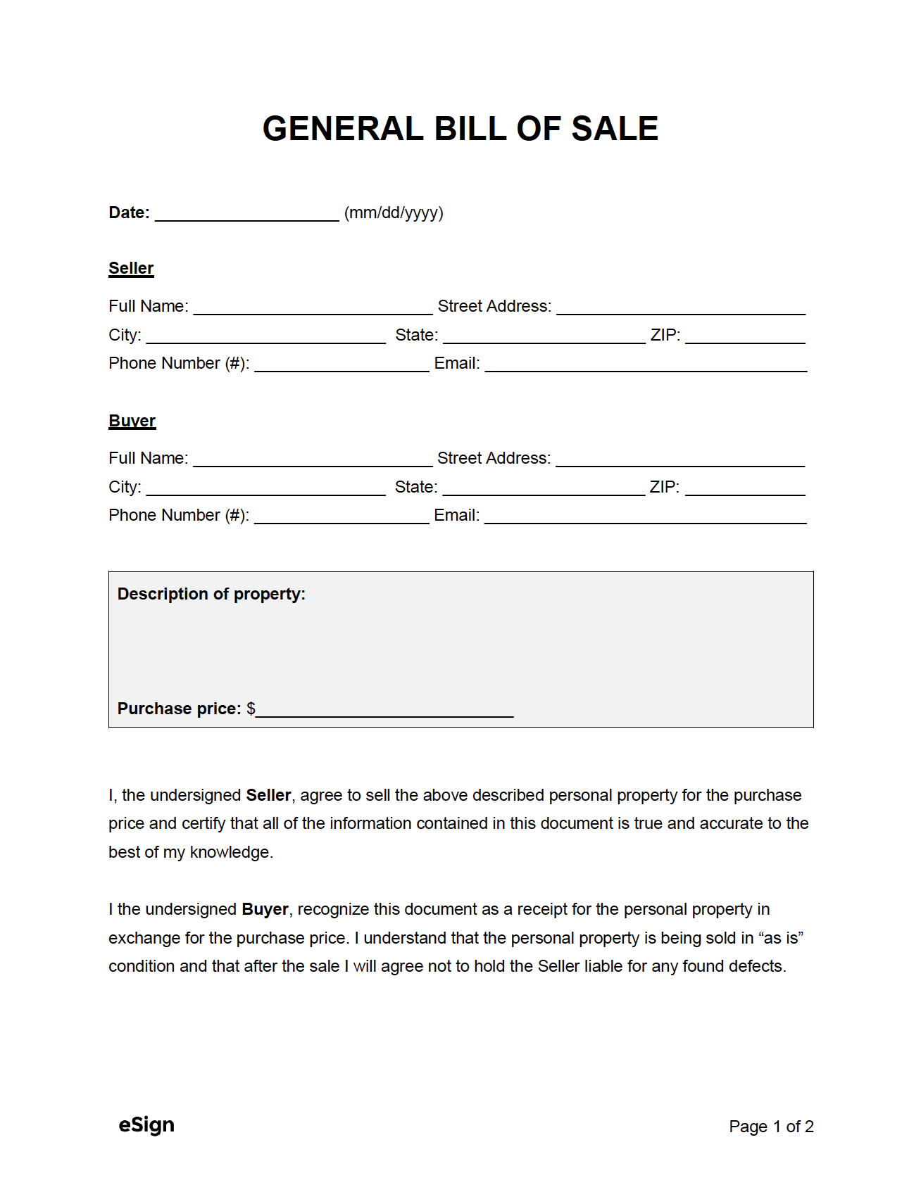 Free General Bill Of Sale Form | Pdf | Word for Bill Of Sale Free Printable