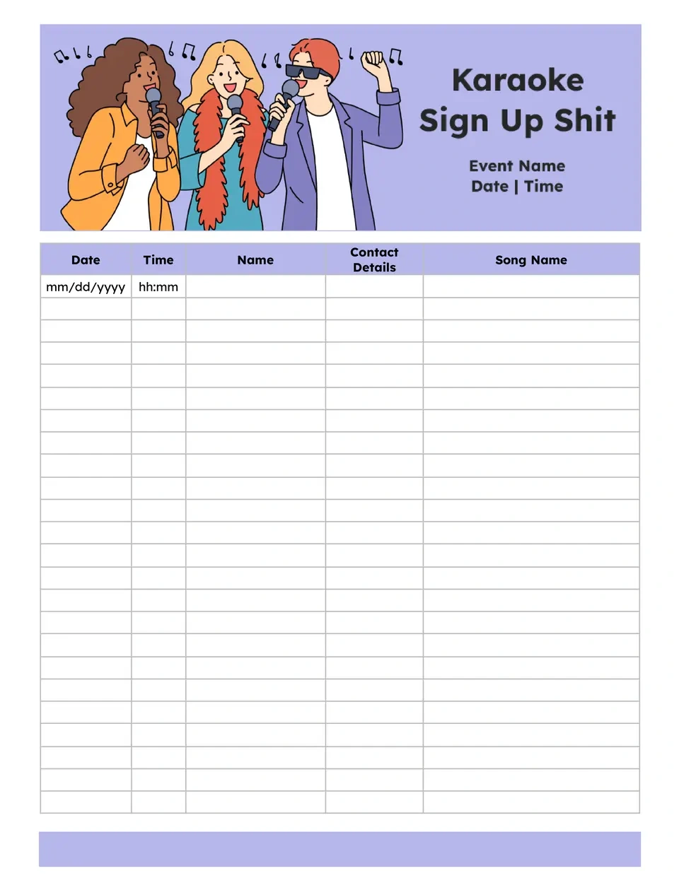 Free Karaoke Sign Up Sheet Template For Google Docs in Free Printable Karaoke List Templates