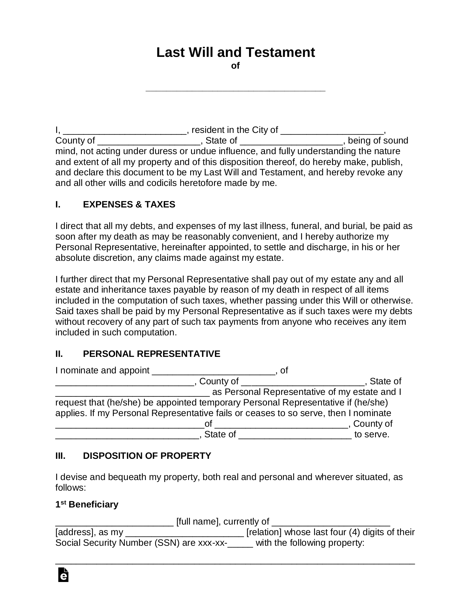 Free Last Will And Testament (Will) - Pdf | Word – Eforms inside Free Printable Will Forms