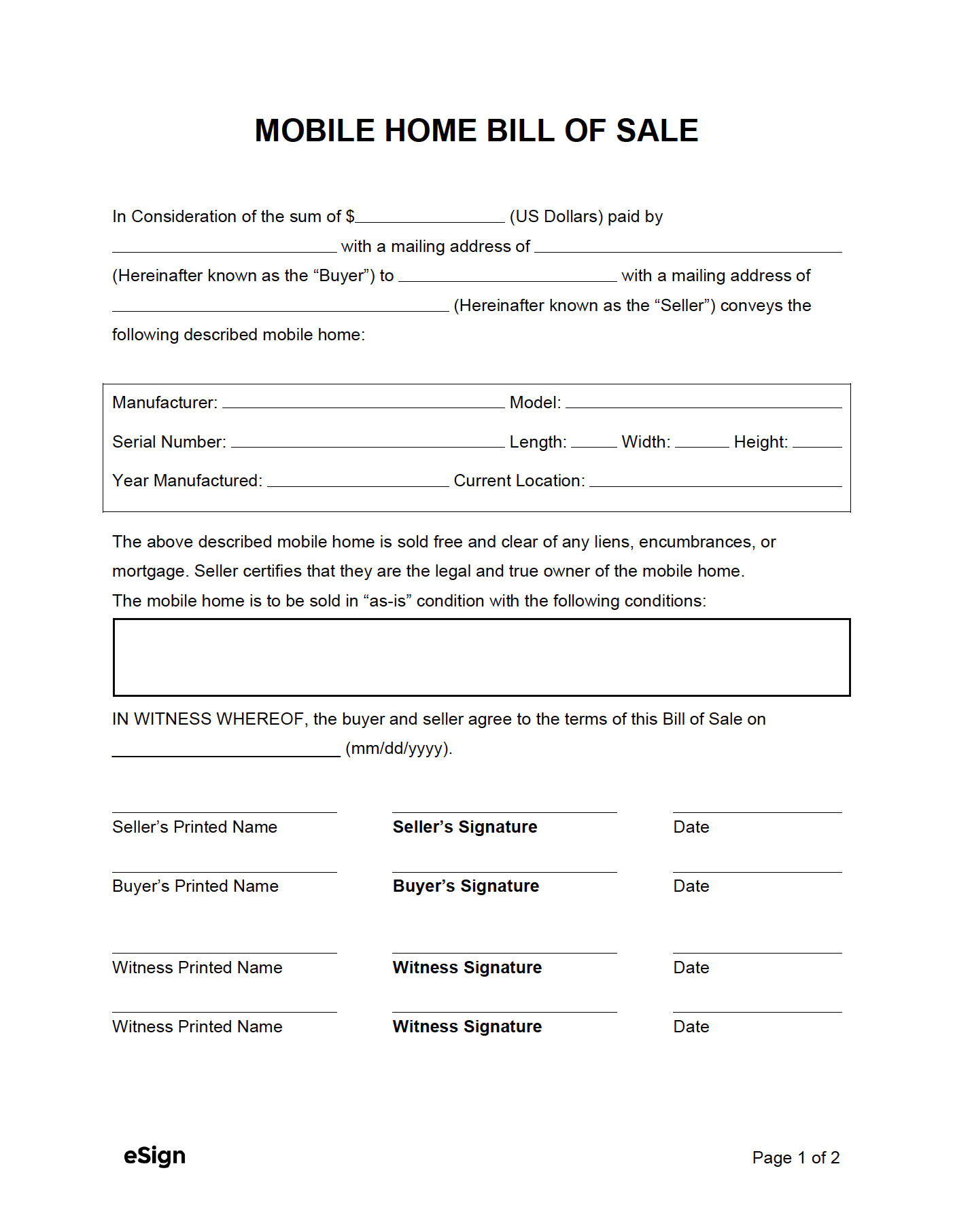 Free Mobile Home (Manufactured) Bill Of Sale Form | Pdf | Word in Printable Mobile Home Bill of Sale Template Free Download