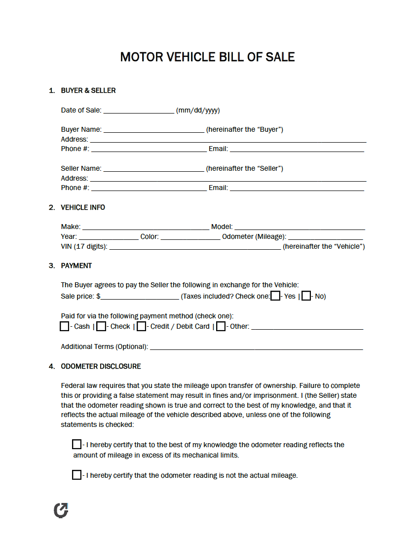 Free Motor Vehicle Bill Of Sale Form | Pdf | Word | Rtf for Free Printable Bill of Sale for Car