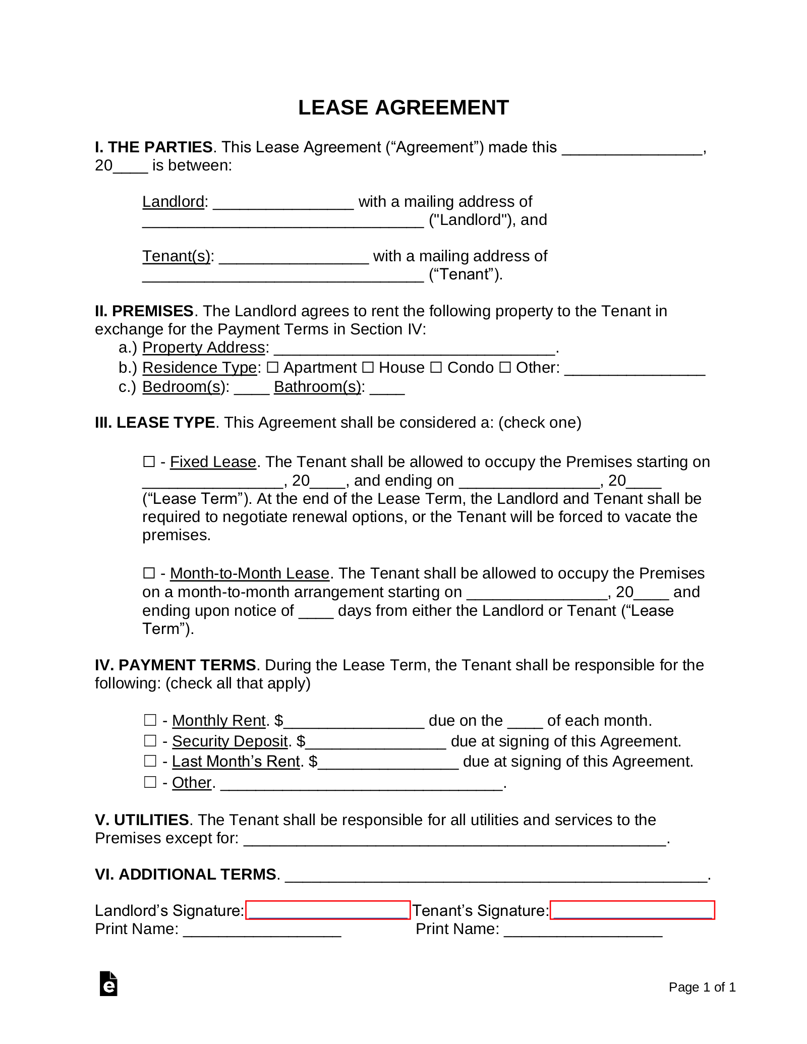 Free Simple 1-Page Lease Agreement Template | Sample - Pdf | Word for Simple Rental Agreement Free Printable