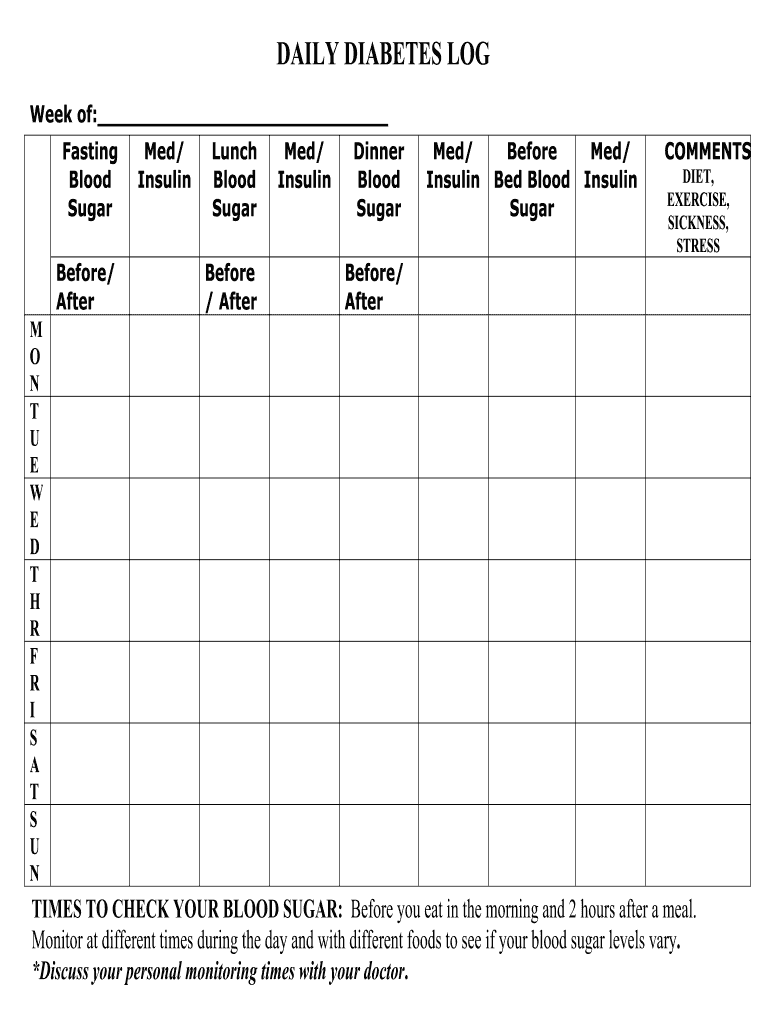 Large Print Printable Blood Sugar Log Sheet - Fill Online for Patient Glucose Log Free Printable