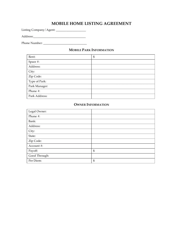 Printable Mobile Home Bill of Sale Template Free Download