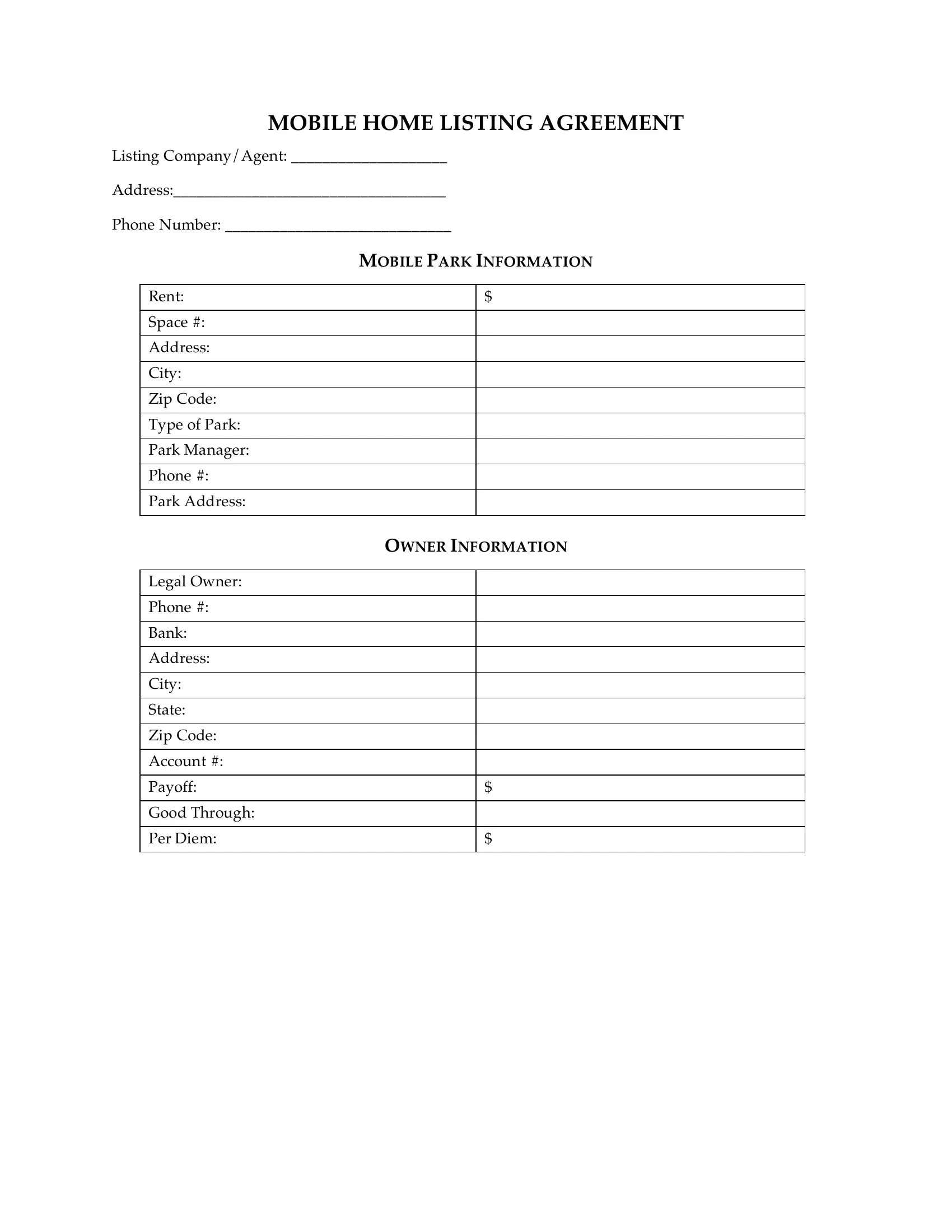 Mobile Home Listing Agreement Pdf Form - Formspal intended for Printable Mobile Home Bill of Sale Template Free Download