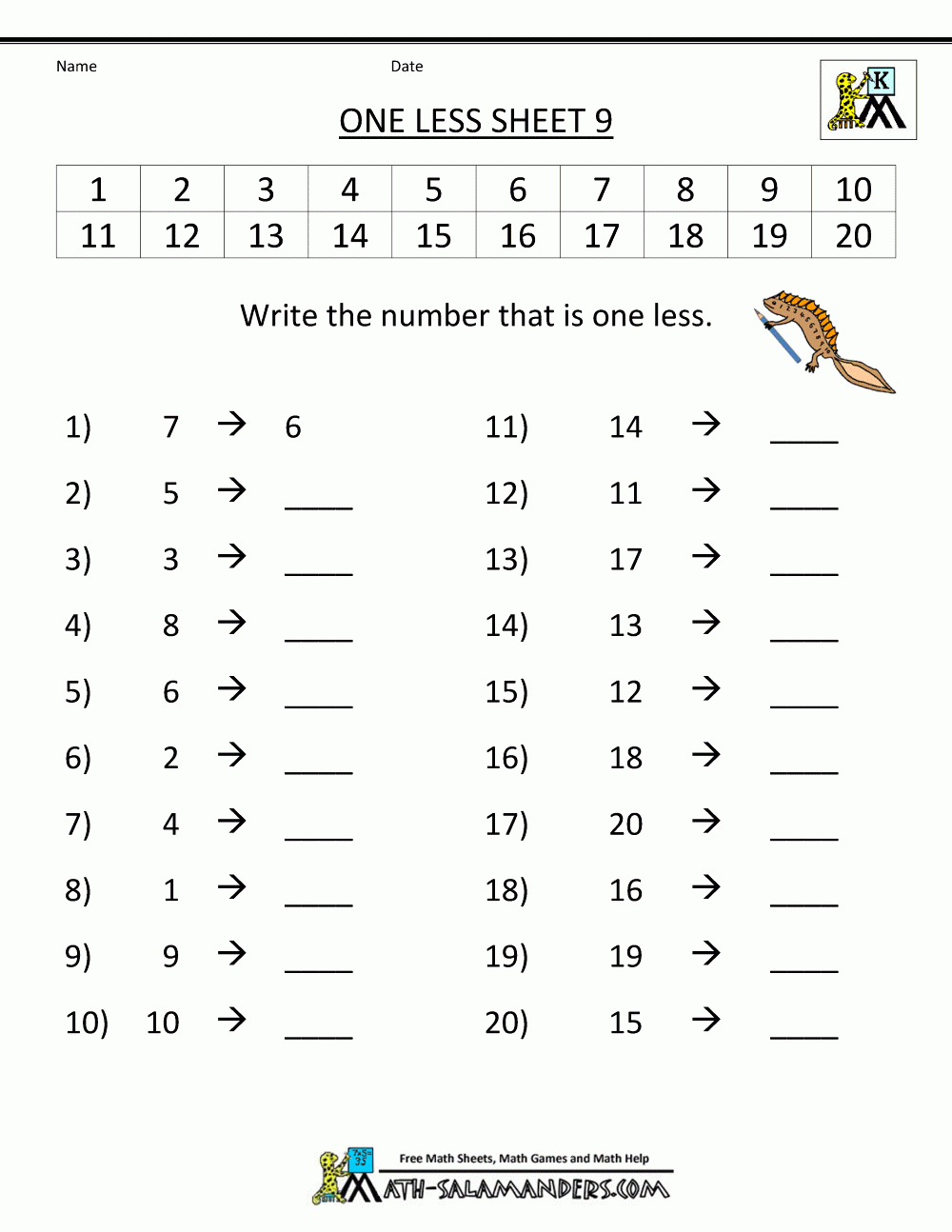 One Less Worksheet within Free Printable 9 Years Old Maths Worksheet