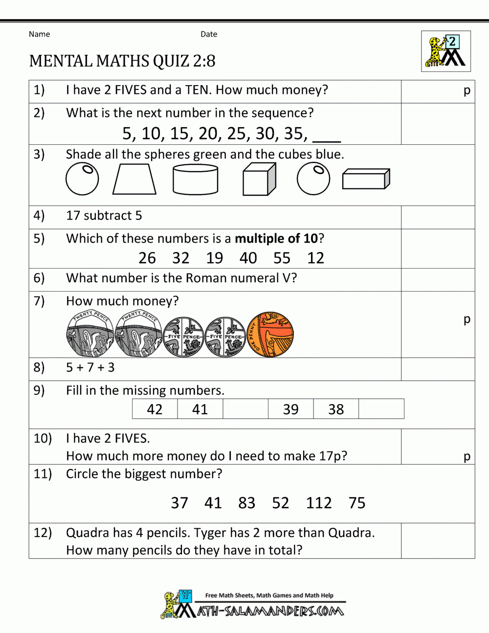 Printable Mental Maths Year 2 Worksheets inside Free Printable 10 Years Old Maths Worksheet