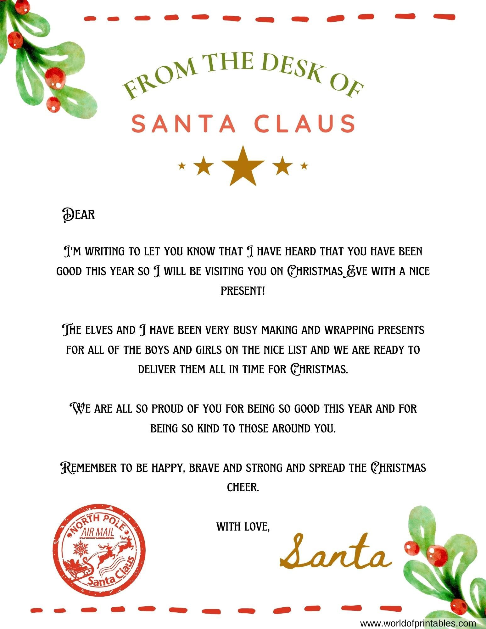 10 Best Free Letter From Santa Templates - World Of Printables in Printable Letter From Santa