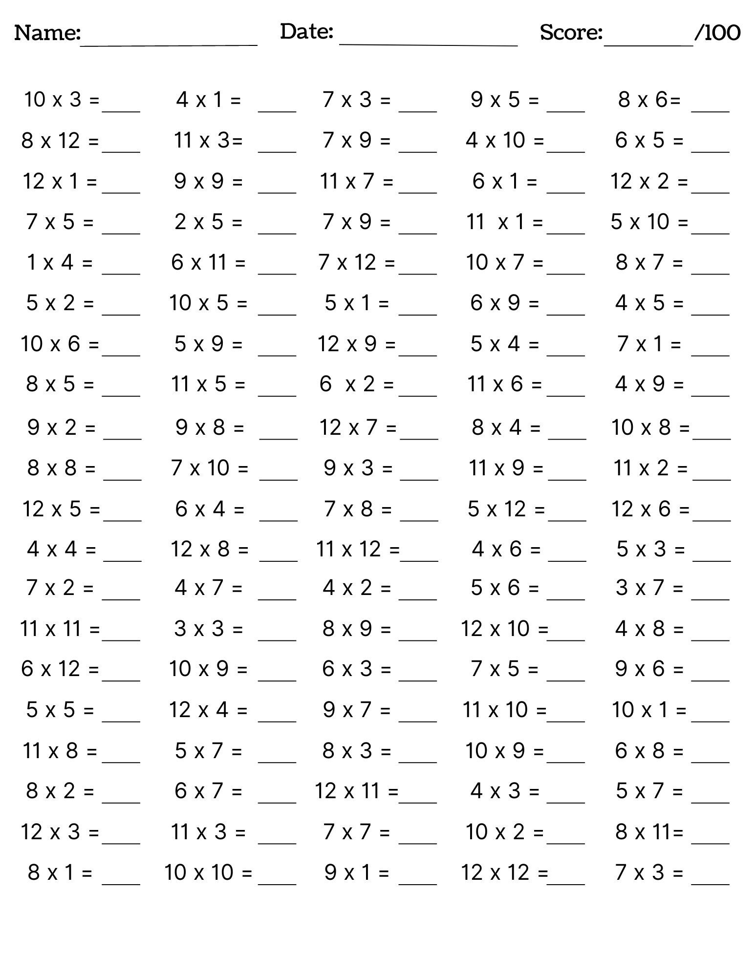 10 Printable Multiplication Worksheets, Fill In The Blanks Single for Printable Multiplication Facts Worksheets