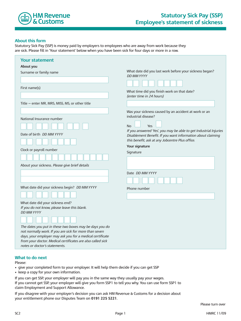 2009 Form Uk Hmrc Sc2 Fill Online, Printable, Fillable, Blank with Statutory Sick Pay Printable Self Certification Form 2021