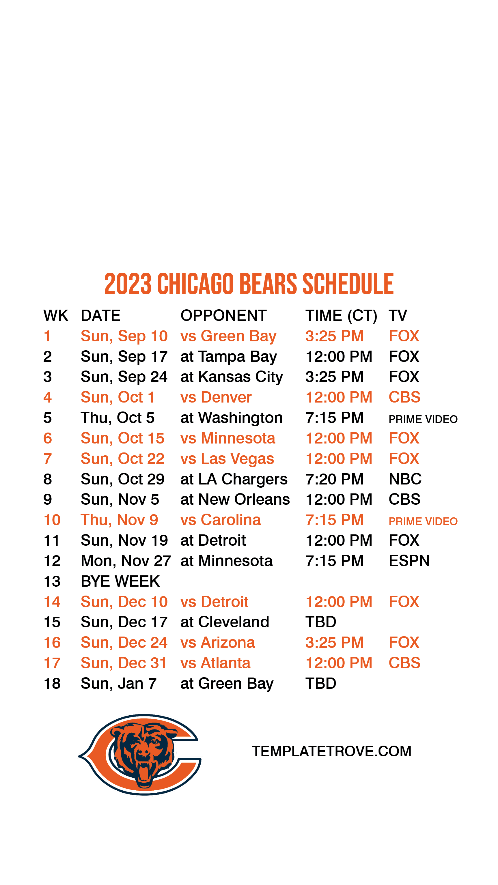 2023-2024 Chicago Bears Lock Screen Schedule For Iphone 6-7-8 Plus in Bears Schedule 2024 Printable