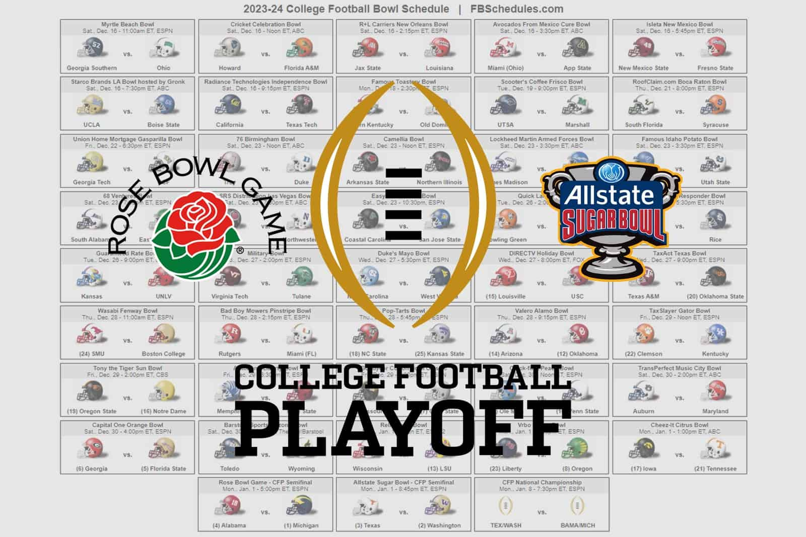 2023-24 College Football Bowl Helmet Schedule throughout Printable Bowl Game Schedule