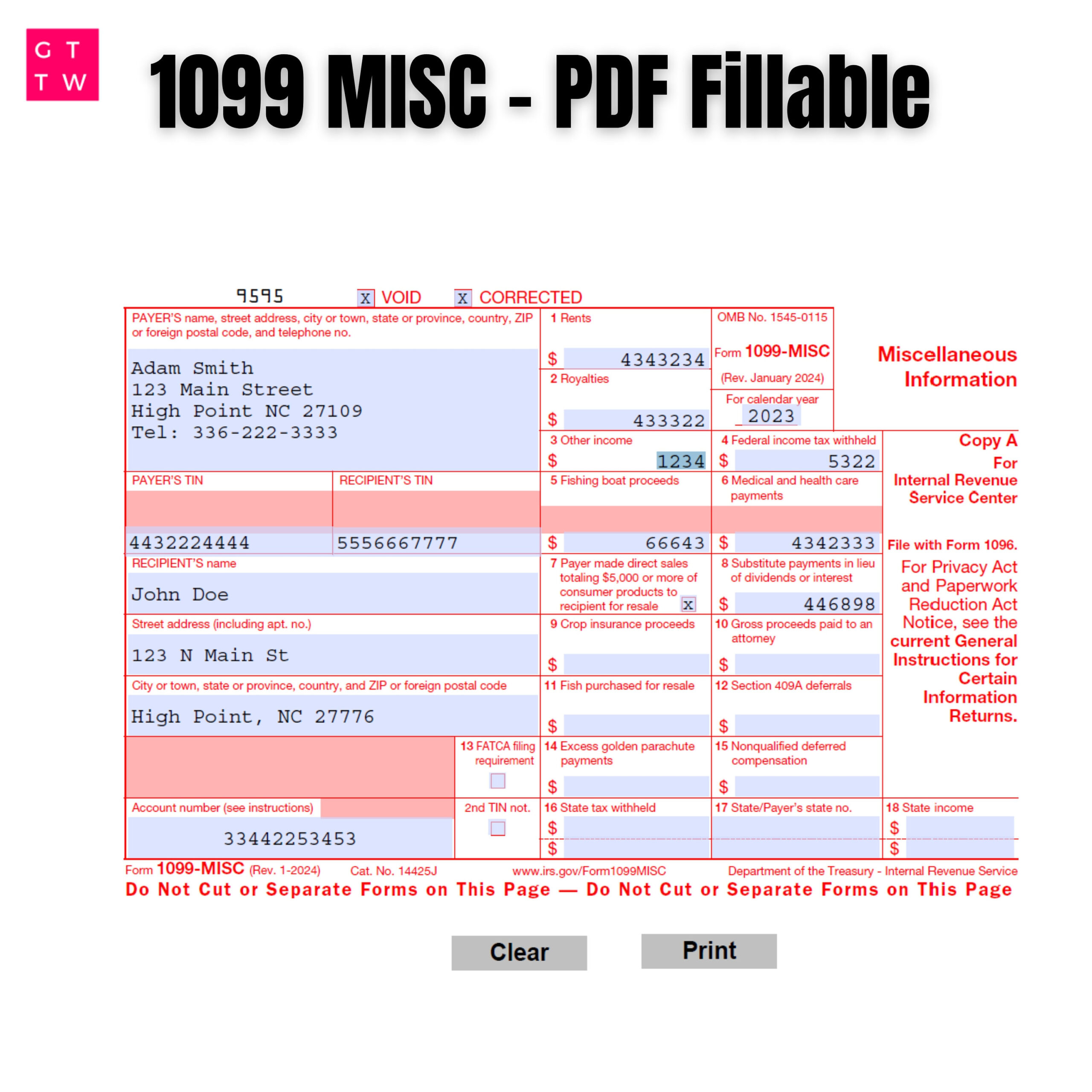 2024 1099-Misc Irs Forms Copy A Print Template Pdf Fillable With inside Printable 1099 Form 2024