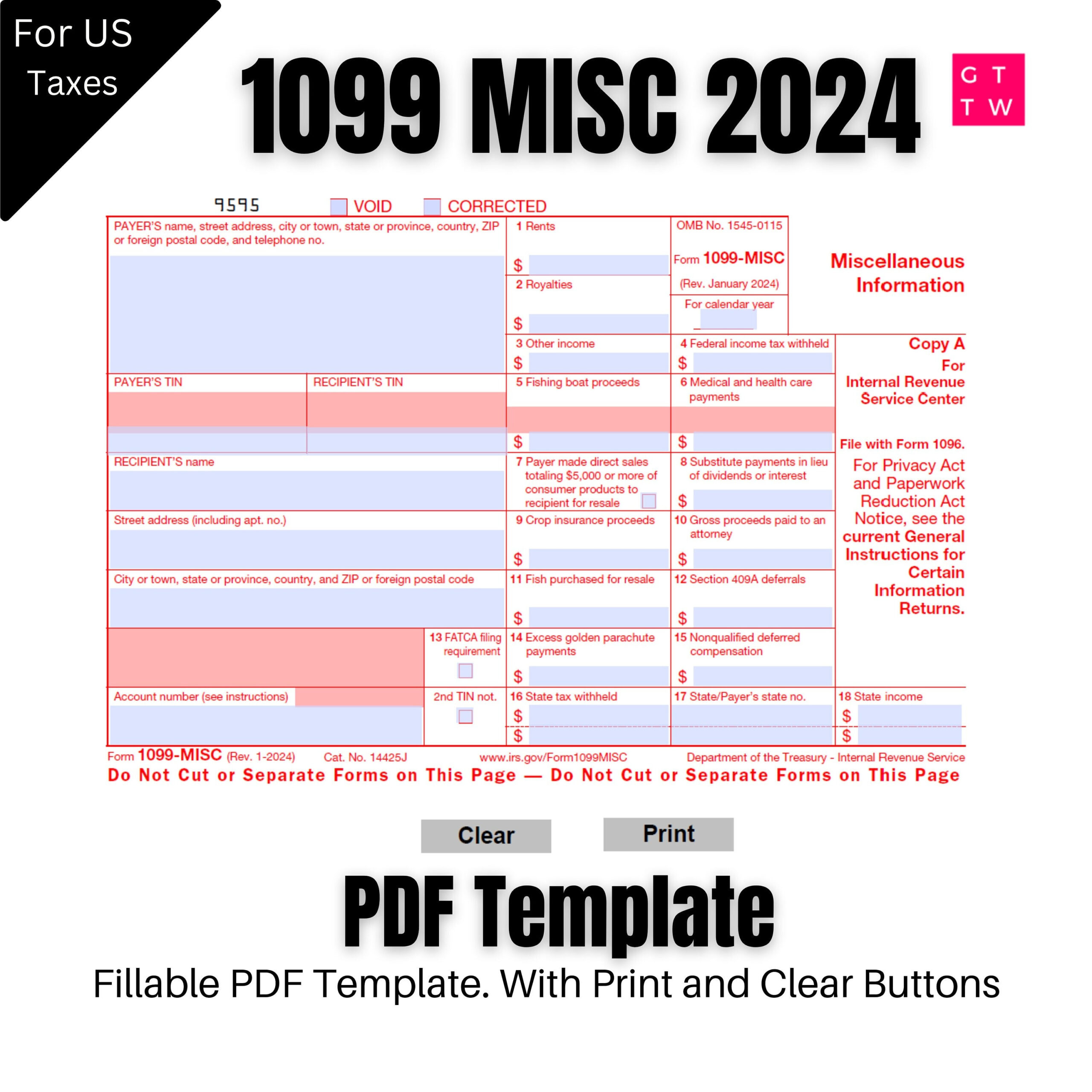 2024 1099-Misc Irs Forms Copy A Print Template Pdf Fillable With pertaining to Printable 1099 Form 2024