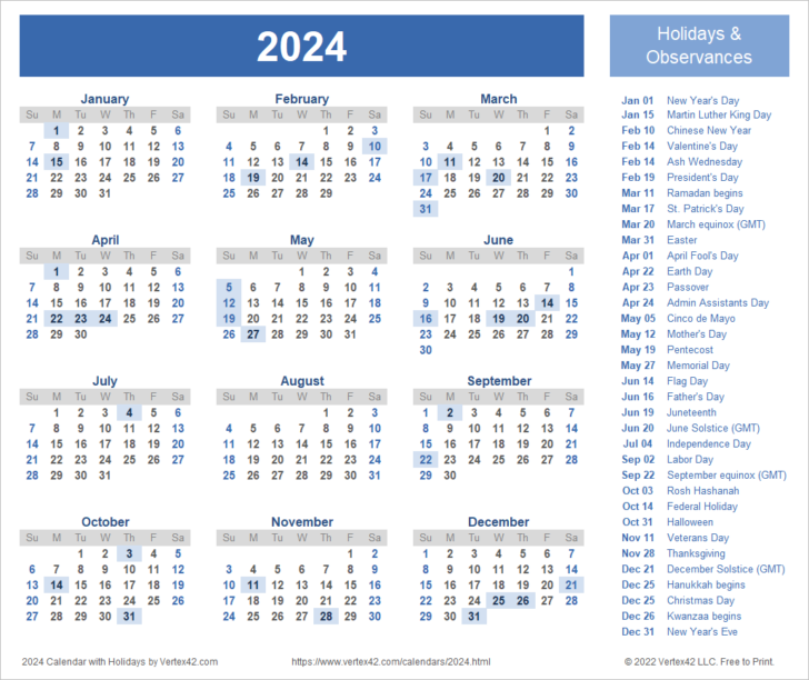 2024 Printable Calendars With Holidays