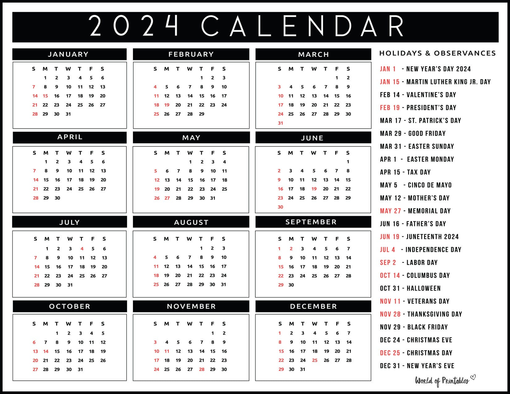 2024 Calendar With Holidays - World Of Printables within 2024 Printable Calendars With Holidays