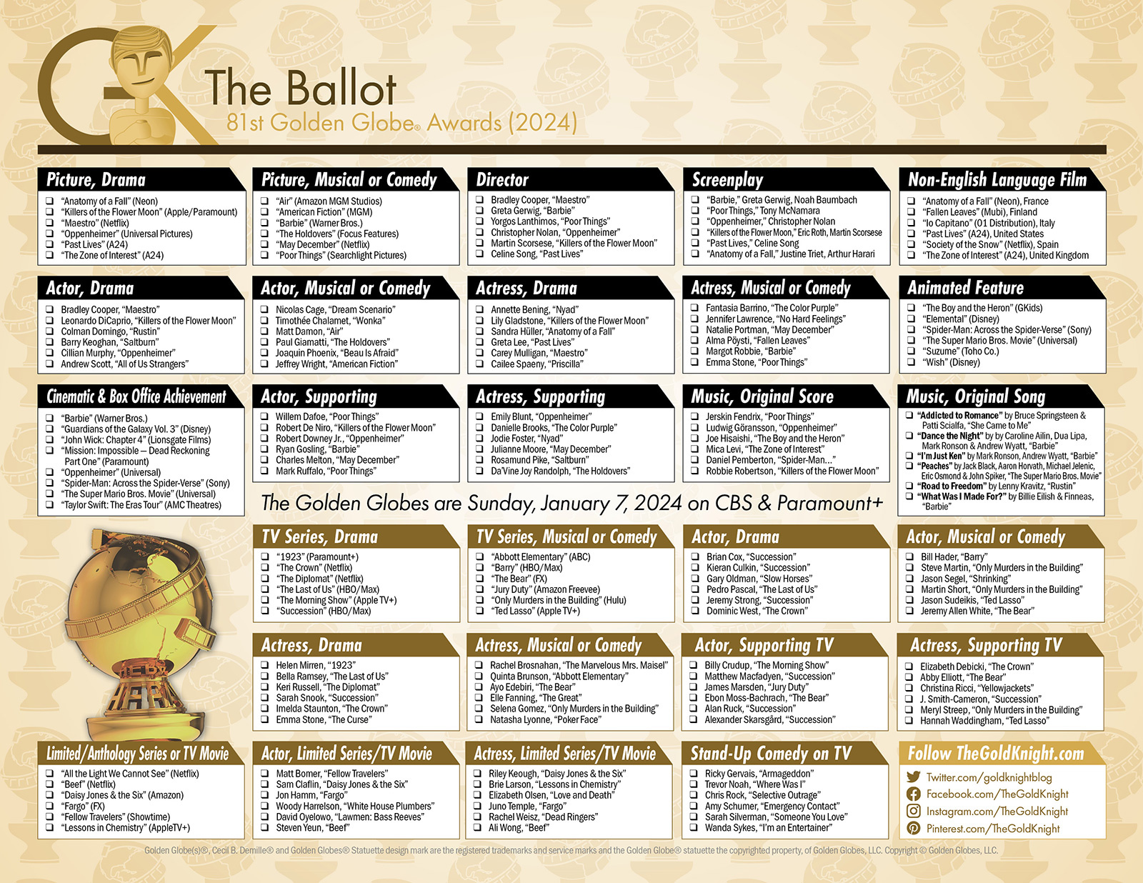 2024 Golden Globe Awards Printable Ballot | The Gold Knight for Golden Globes Ballot 2024 Printable