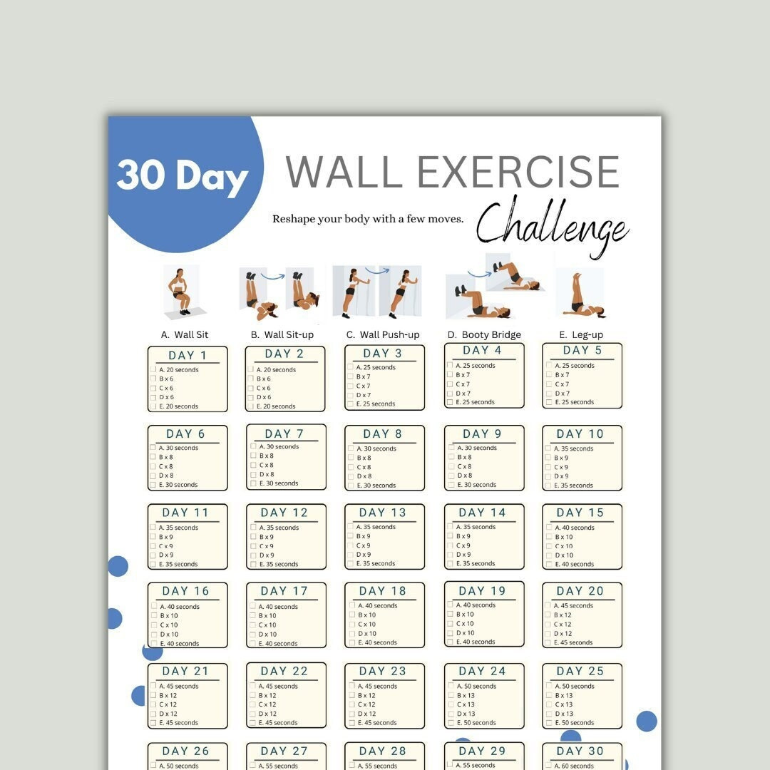 30 Day Wall Exercise Challenge Printable Wall Fitness Quick with Printable Wall Pilates Chart