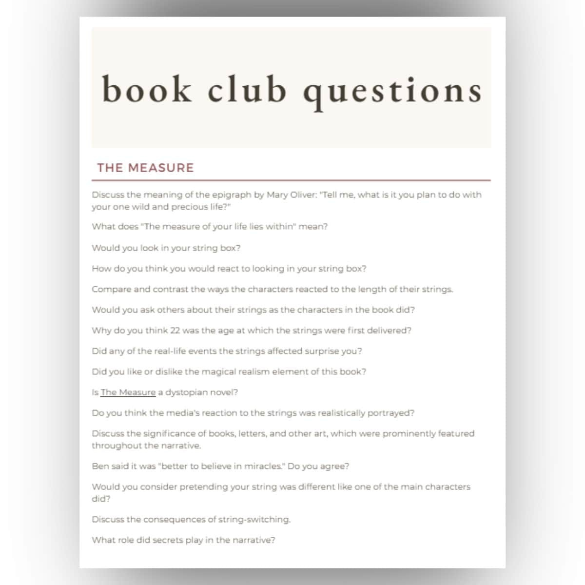 30 The Measure Book Club Questions (+ Printable Pdf) pertaining to Printable Book Club Discussion Questions