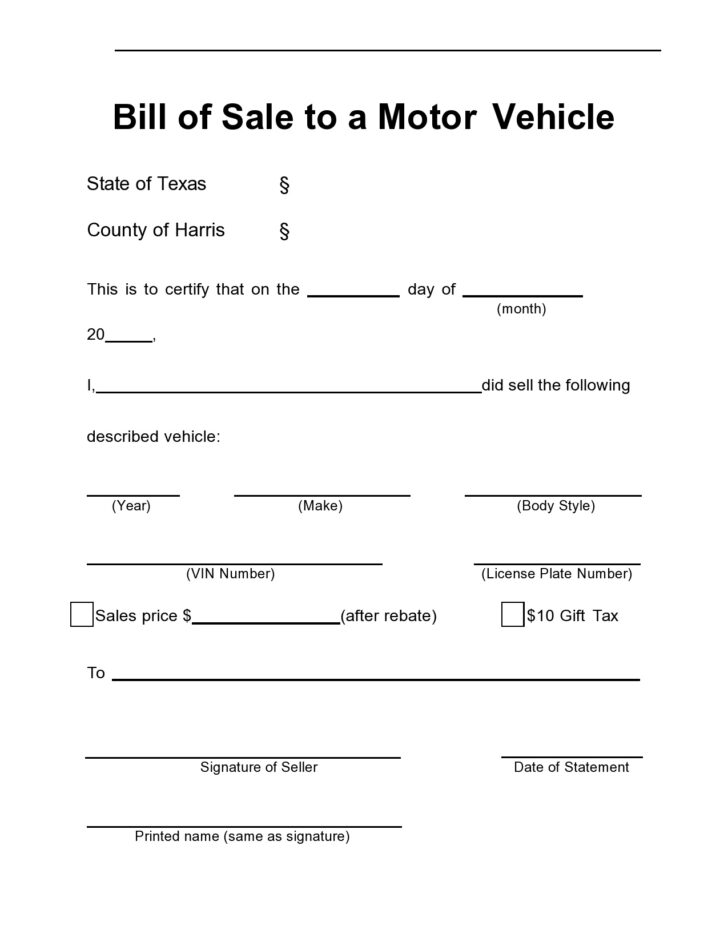 Free Printable Bill of Sale For Automobile