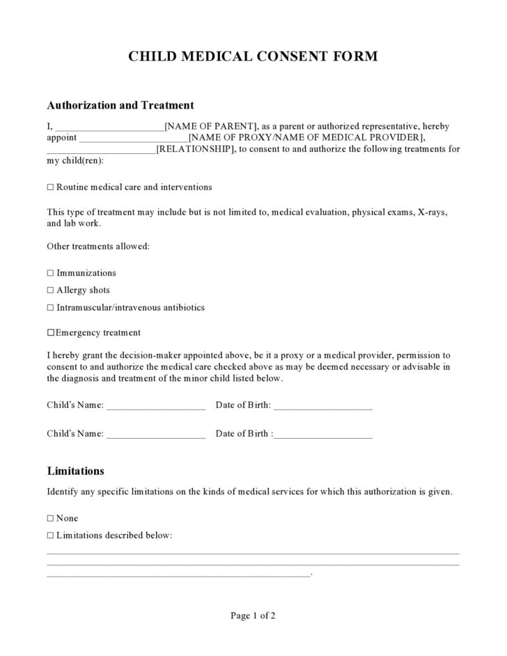 Printable Medical Consent Form For Minor While Parents Are Away