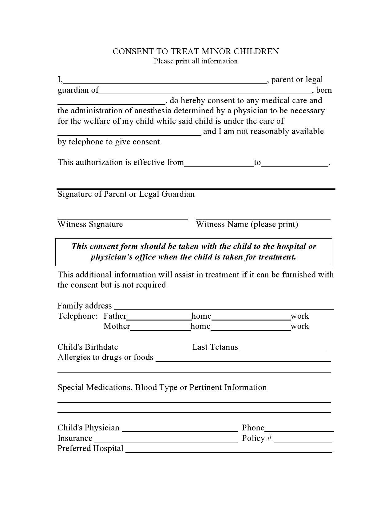 43 Printable Medical Consent Forms For Minor (Free) with regard to Printable Medical Consent Form For Minor While Parents Are Away