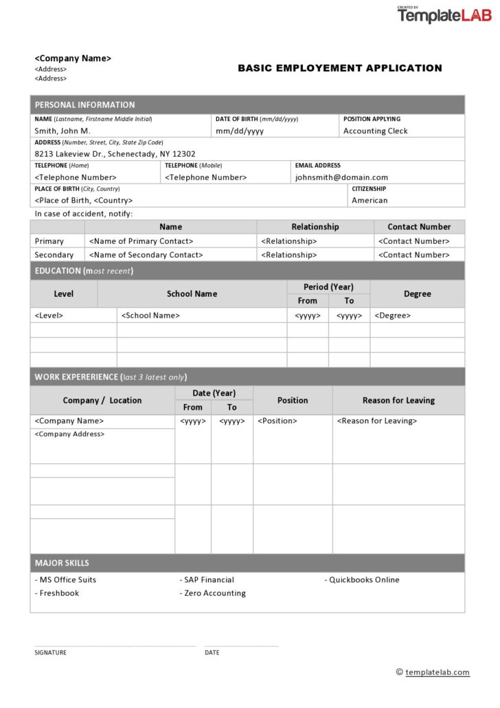 Printable Job Application Form