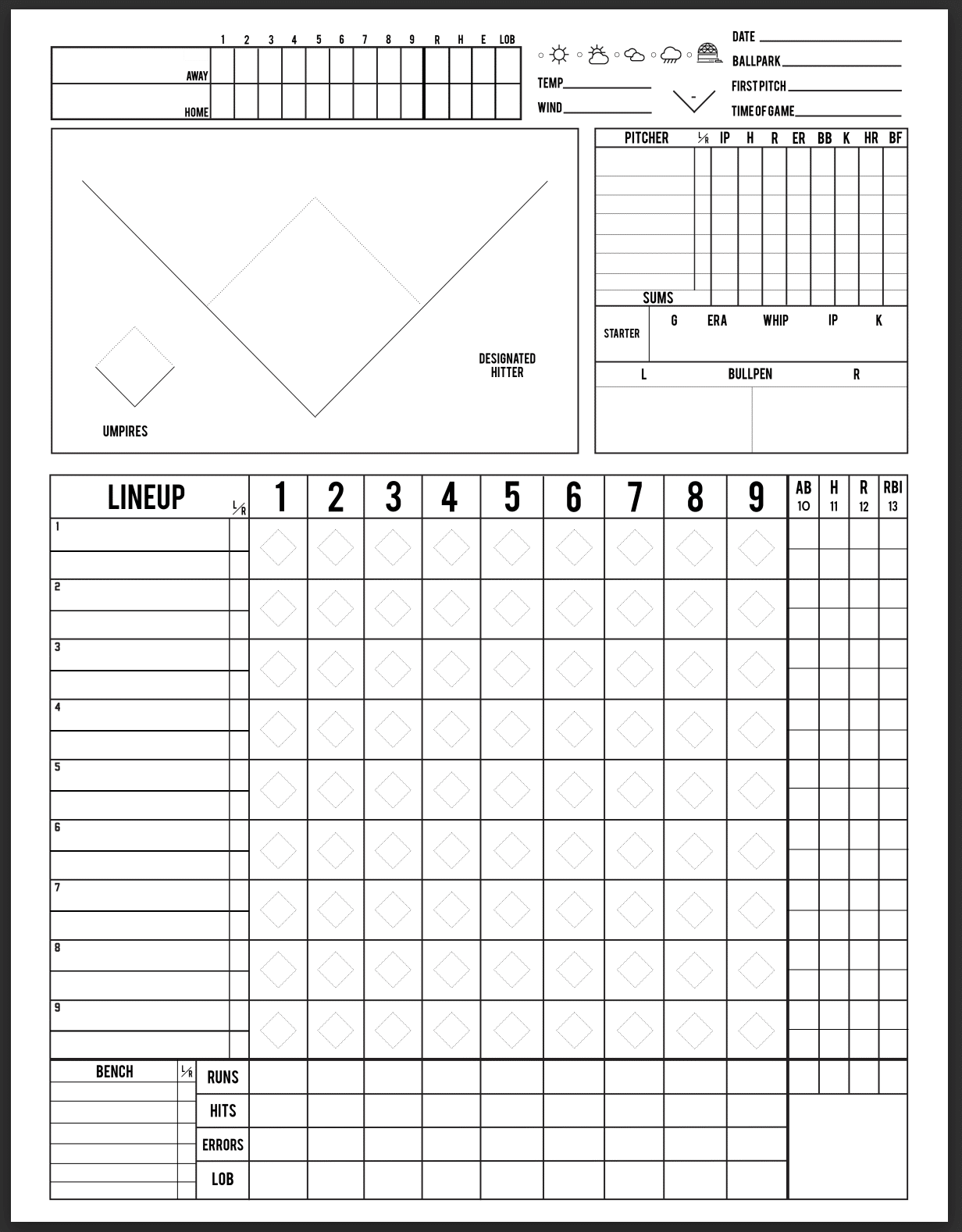 6 Free Printable Baseball Scorecards/Scorebook Pages within 9 Inning Baseball Game Printable