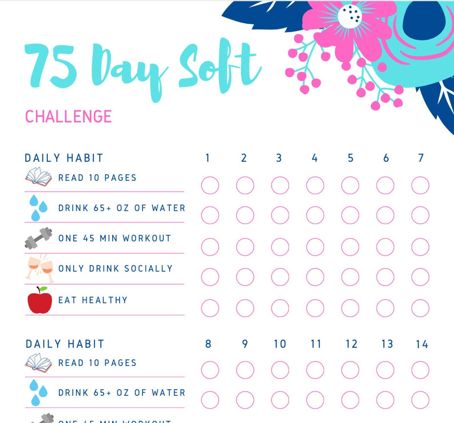 75 Soft/ Easy Challenge Habit Tracker Digital Download Printable regarding 75 Soft Challenge Printable Free