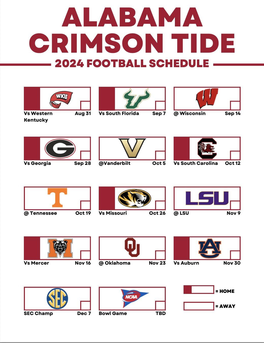 Alabama Football 2024 Printable Schedule Crimson Tide Sec in Alabama Football Schedule 2024 Printable