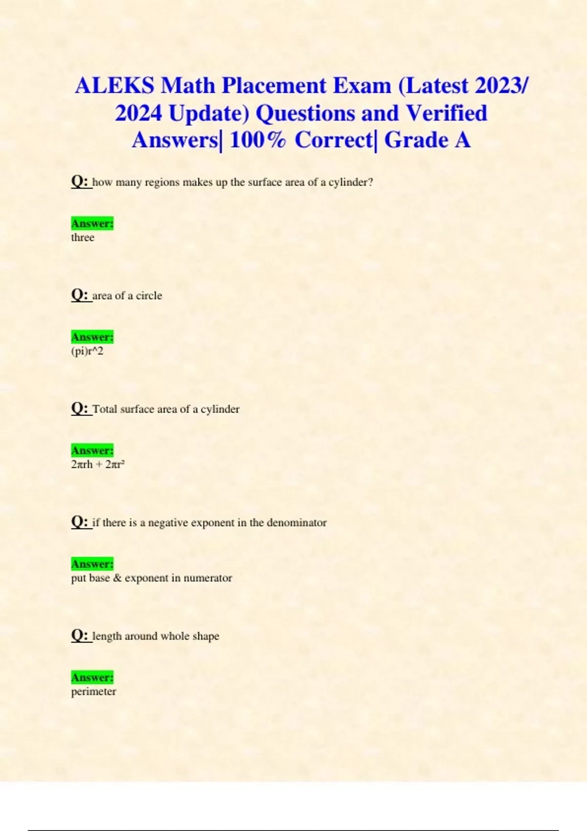 Aleks Math Placement Exam (Latest 2023/ 2024 Update) Questions And inside Every Formula You Need For Aleks Exam Printable