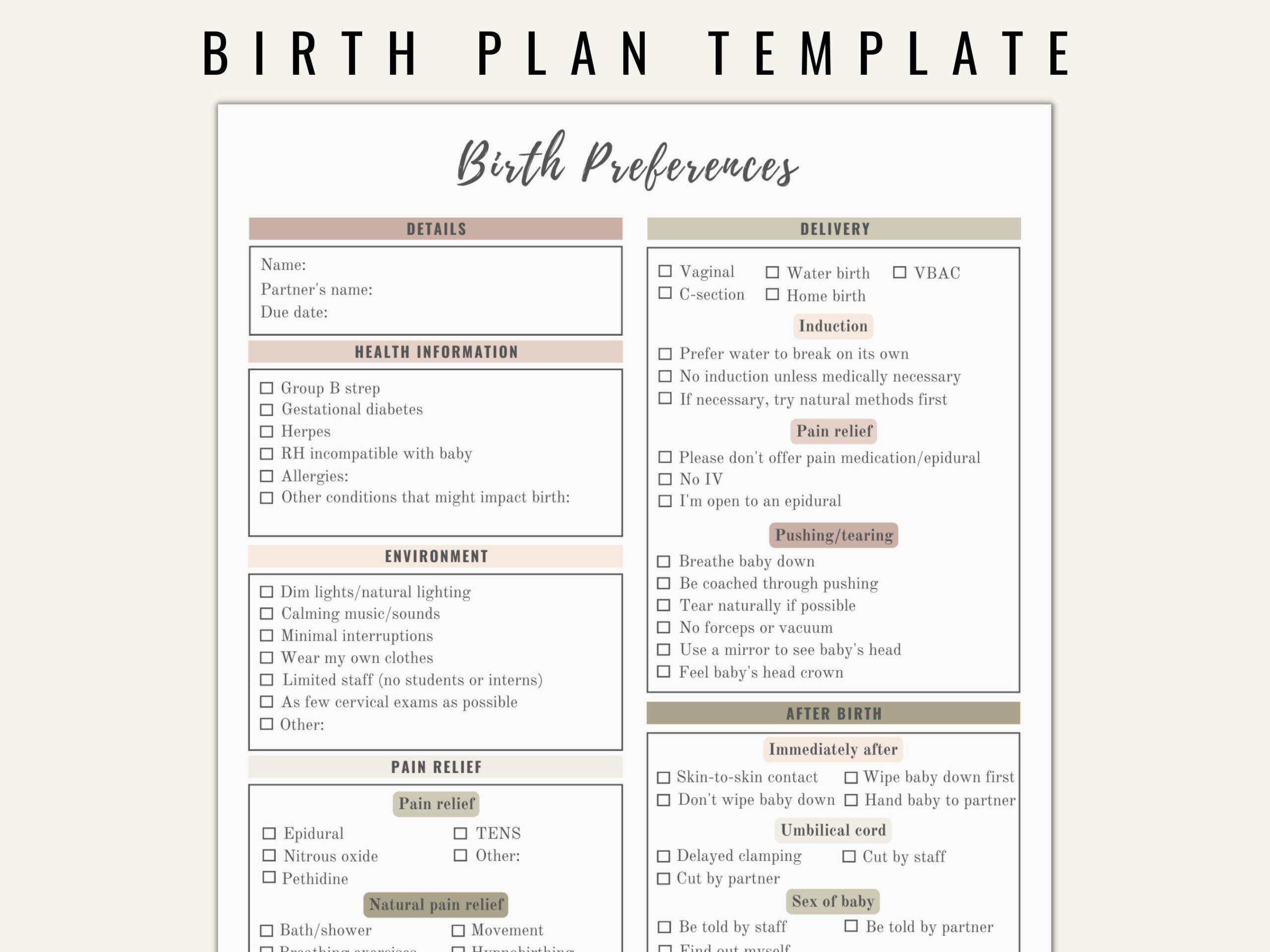 Birth Plan Template Printable Editable Neutral Colors - Etsy with regard to Printable Birth Plan Template