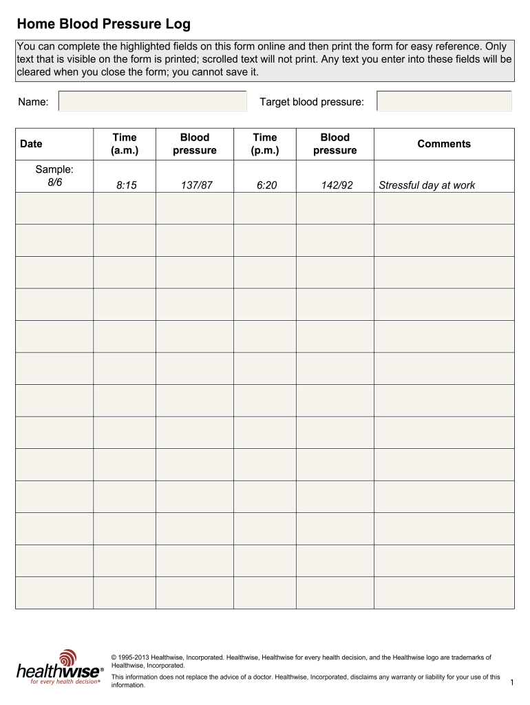 Blood Pressure Chart - Fill Online, Printable, Fillable, Blank intended for Blood Pressure Chart Printable