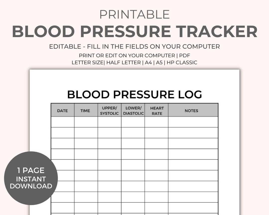 Blood Pressure Chart Printable Instant Download, Medical Tracker in Printable Blood Pressure Log