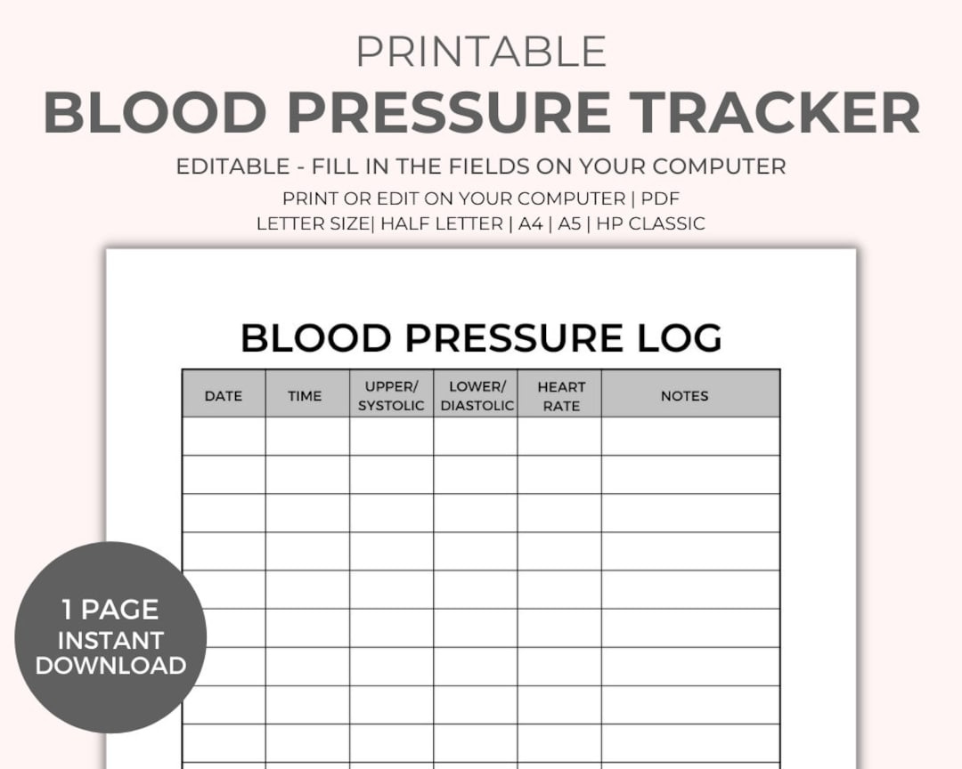 Blood Pressure Chart Printable Instant Download, Medical Tracker regarding Printable Blood Pressure Chart