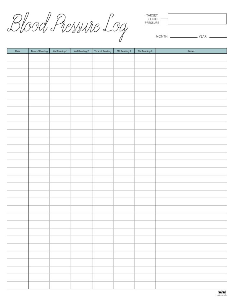 Blood Pressure Logs - 25 Free Printables | Printabulls in Blood Pressure Log Free Printable