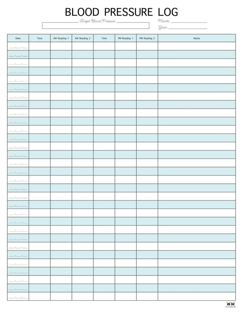 Blood Pressure Logs - 25 Free Printables | Printabulls in Free Blood Pressure Log Printable