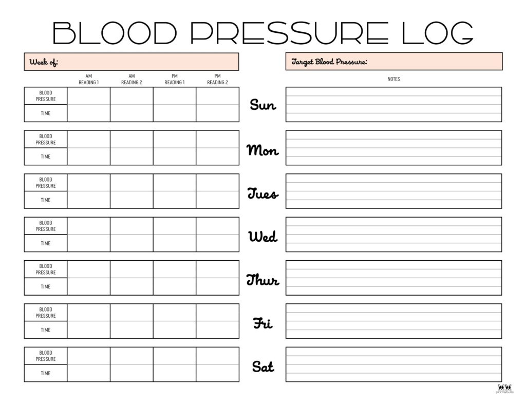 Blood Pressure Logs - 25 Free Printables | Printabulls inside Blood Pressure Log Free Printable