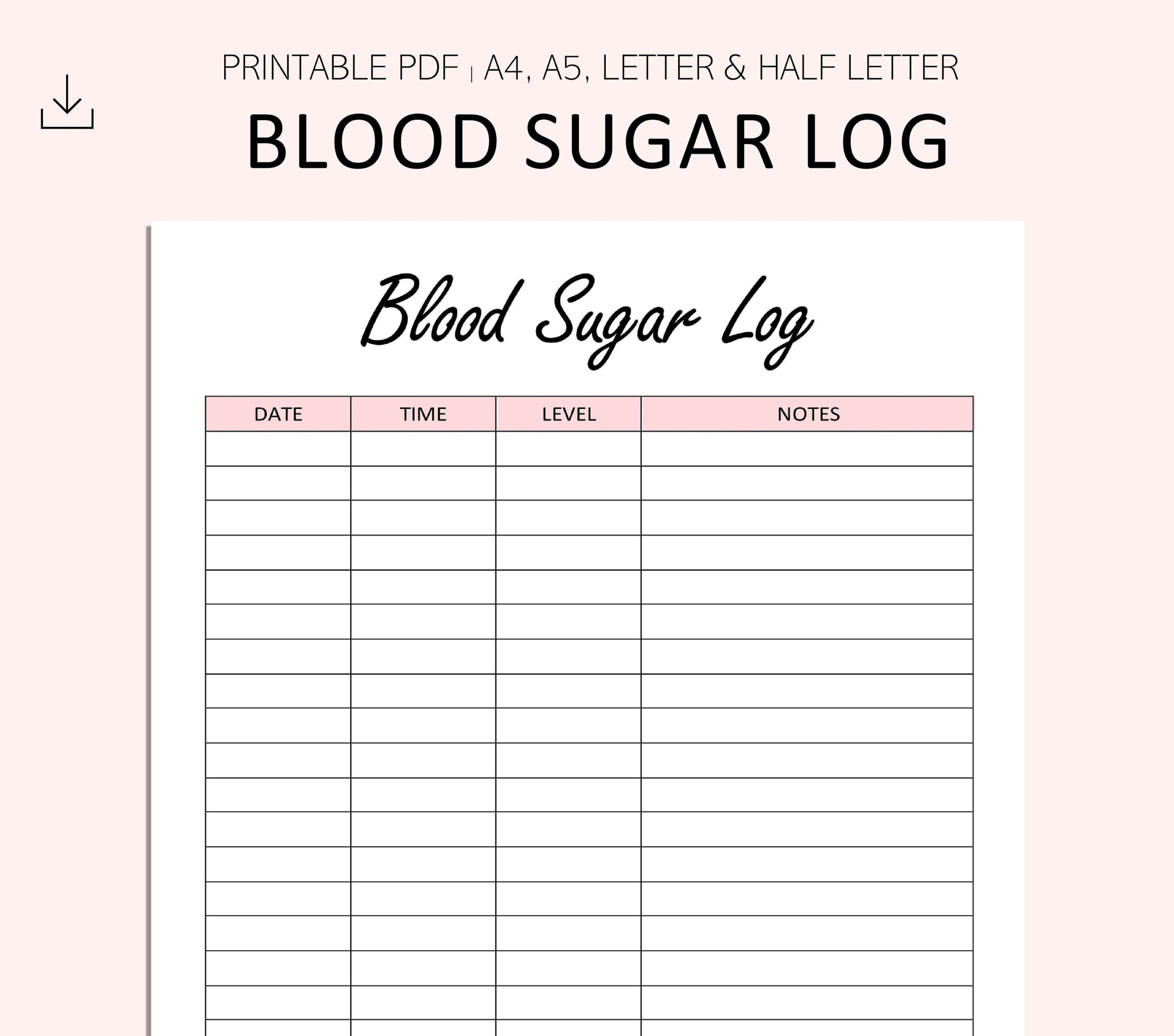 Blood Sugar Log Printable Blood Sugar Reading Tracker Blood in Daily Blood Glucose Log Printable