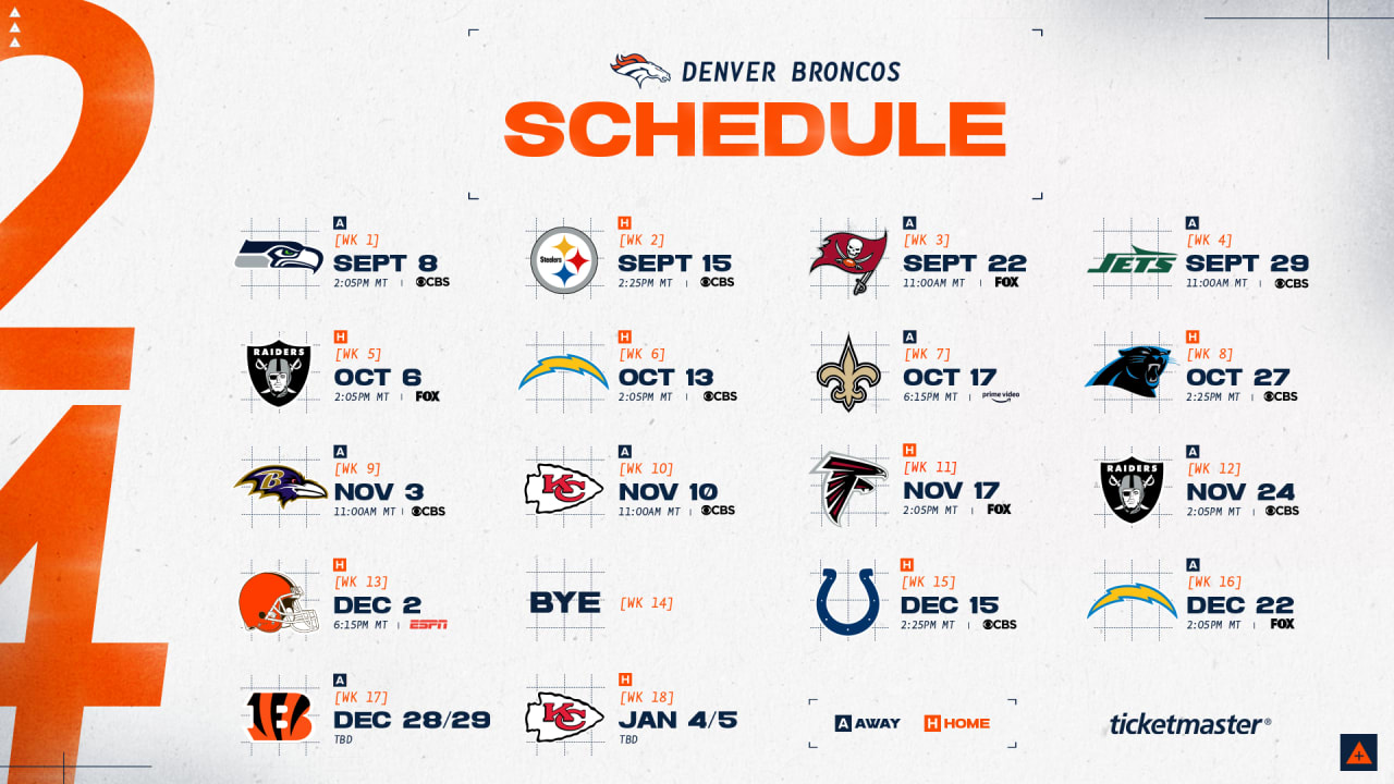 Broncos Unveil 2024 Schedule, Featuring Week 1 Game In Seattle And with Denver Broncos 2024-2025 Schedule Printable