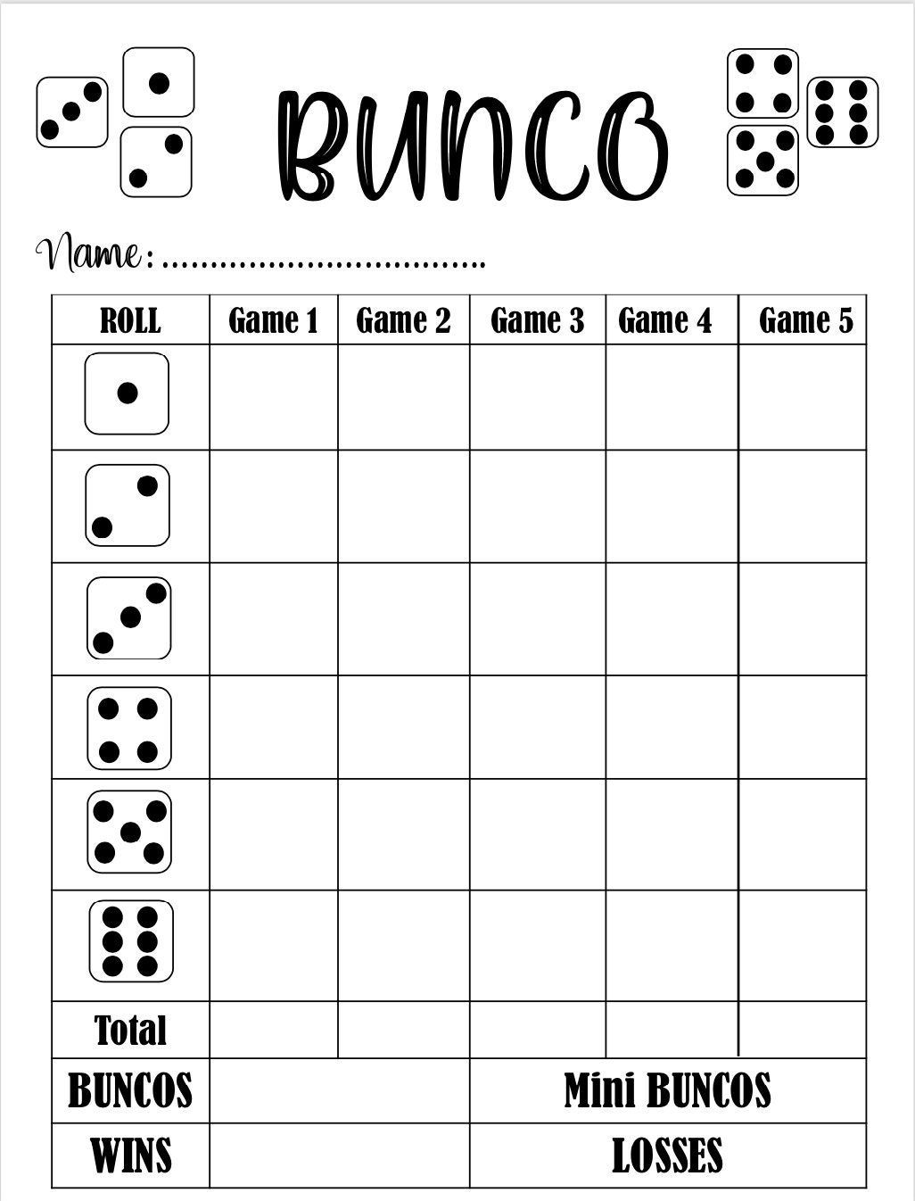 Bunco Score Card Bunco Scoresheet Bunco Score Pads Printable File intended for Printable Bunco Score Sheets