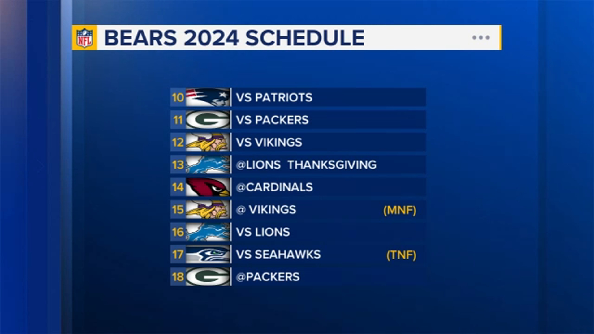 Chicago Bears 2024 Nfl Season Schedule Announced In Ferris Bueller inside Bears Schedule 2024 Printable