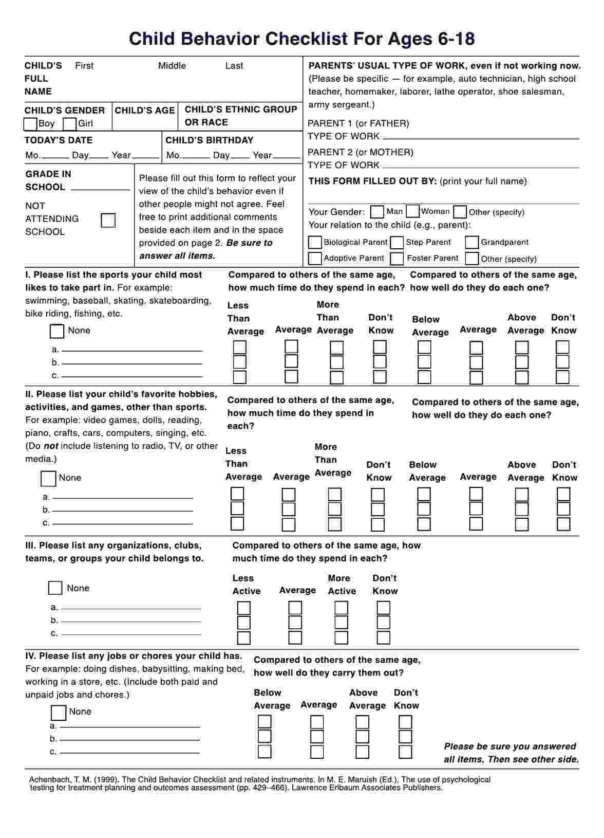 Child Behavior Checklist (Cbcl) &amp;amp; Example | Free Pdf Download in Basic Emotional And Physical Needs Assessment Quiz Printable