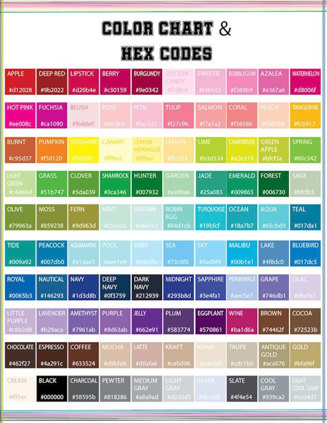 Color Chart &amp;amp; Hex Codes, Printable, Designer Quick Reference throughout Printable Hex Code Chart