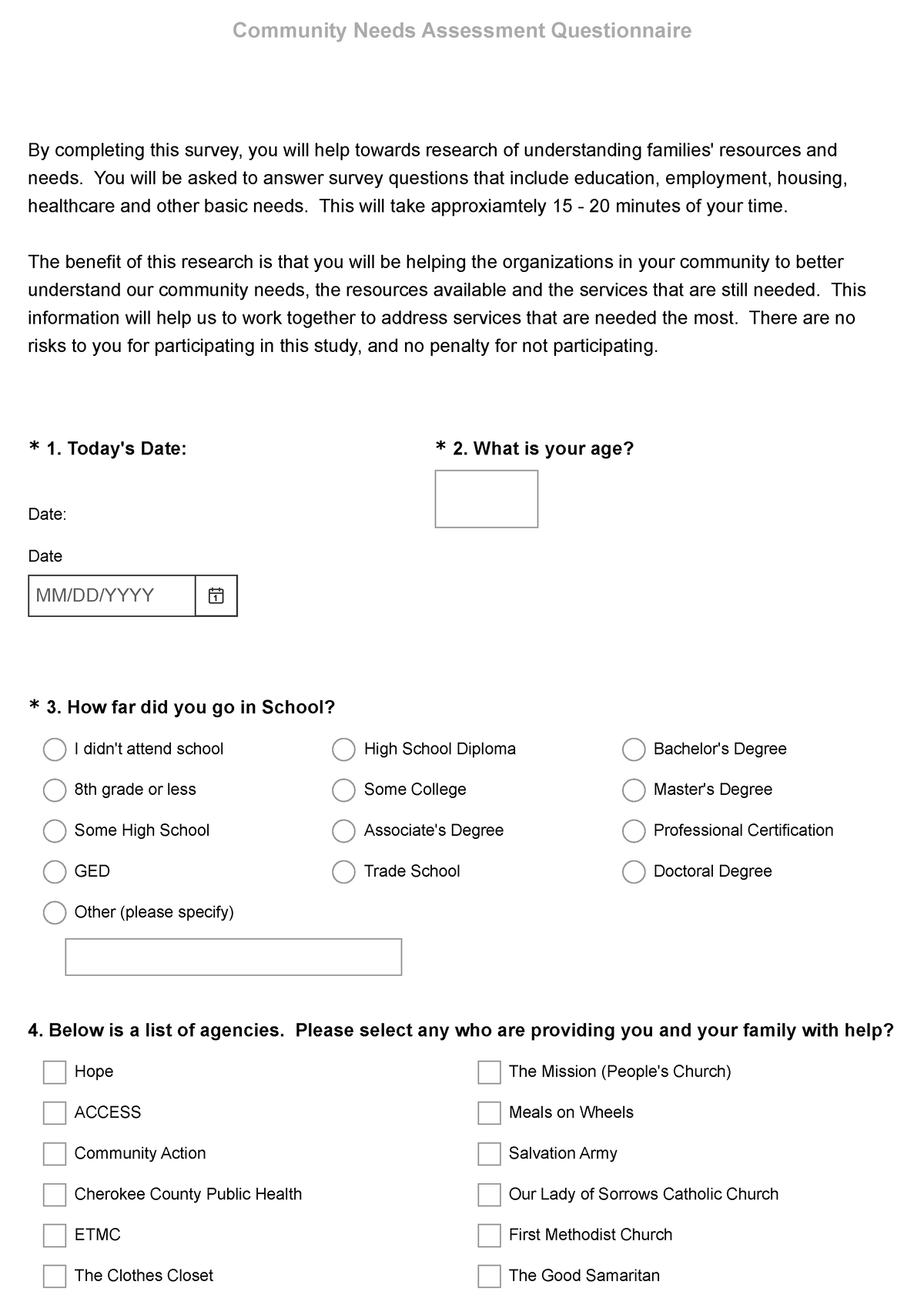 Community Needs Assessment Questionnaire Survey -Completing throughout Basic Needs Assessment Quiz Printable