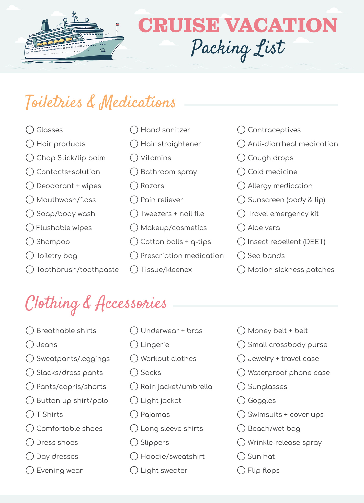 Cruise Vacation Packing List Free Google Docs Template - Gdoc.io intended for Cruise Packing Checklist Printable