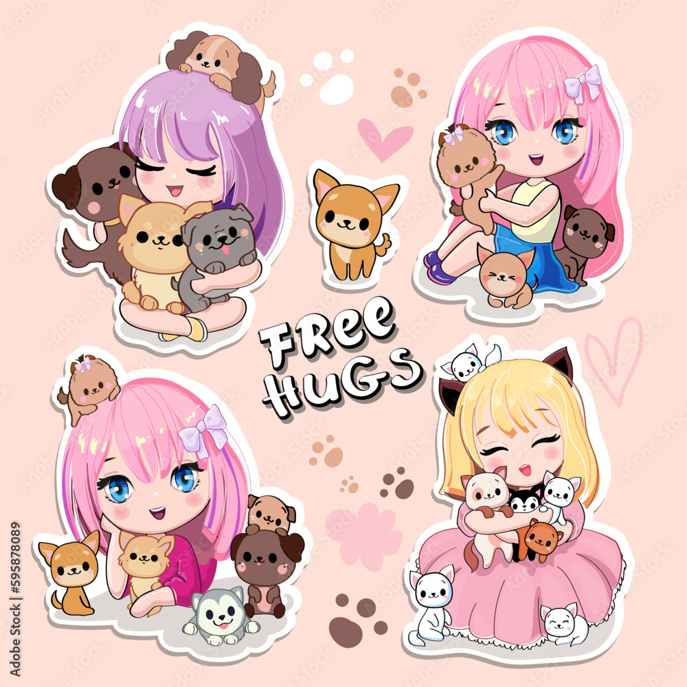 Cute Set With Cartoon Anime Girls With Little Kittens And Dogs pertaining to Littie Cutie Stickers Printable Free Printable